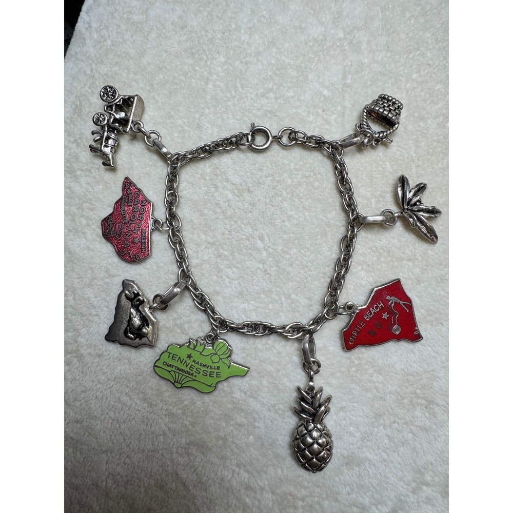 Vintage Silver Tone Southern Travel Souvenir Charm Bracelet NC SC TN Enamel